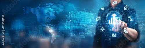Investment. Businessman touching portfolio diversification strategies, risk management techniques, capital allocation decisions, market analysis, investment performance, long-term growth potential.