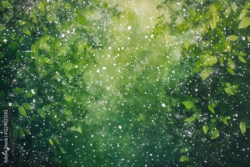 A whimsical green canvas sprinkled with delicate white dots resembling a magical snowfall effect for enchanting seasonal themes photo