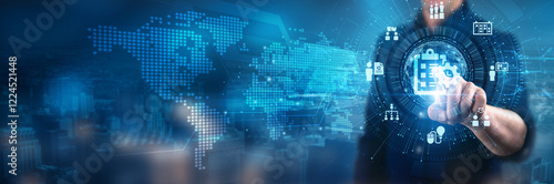 Project Management. Businessman touching project initiation process, resource allocation strategies, risk assessment techniques, project execution plans, performance monitoring metrics.