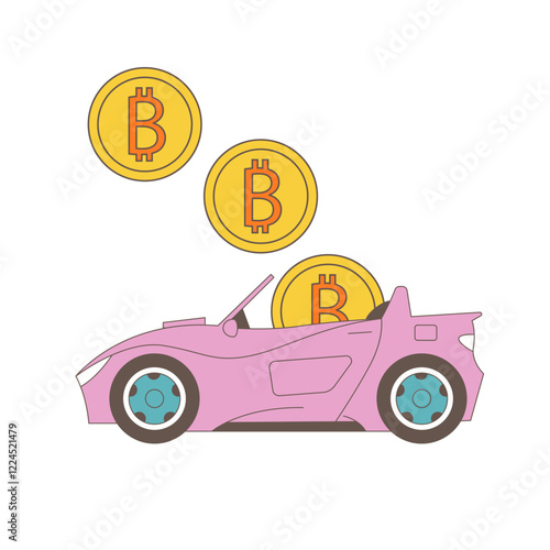 Cryptocurrency wallet and crypto coins car. Devices for storing electronic cryptocurrency banknotes. Savings blockchain Technology. Flat vector illustration.