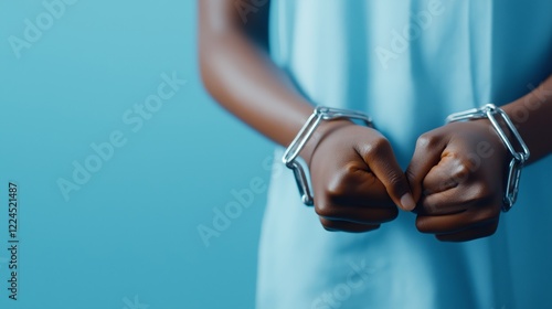 Close Up of Handcuffed Hands Against Blue Background Symbolizing Restriction and Justice photo