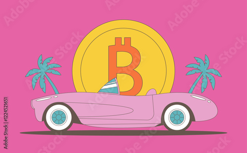 Crypto coin sun with pink car. Devices for storing electronic cryptocurrency banknotes. Savings blockchain Technology. Flat vector illustration.