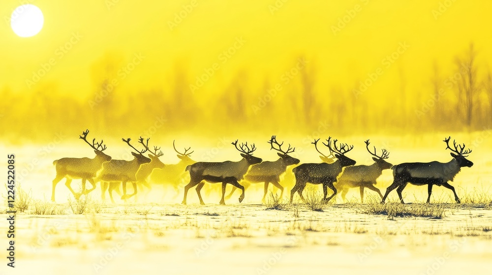 Herd of Deer Running in Snowy Field at Golden Sunrise Herd of Deer Running in Snowy Field at Golden Sunrise