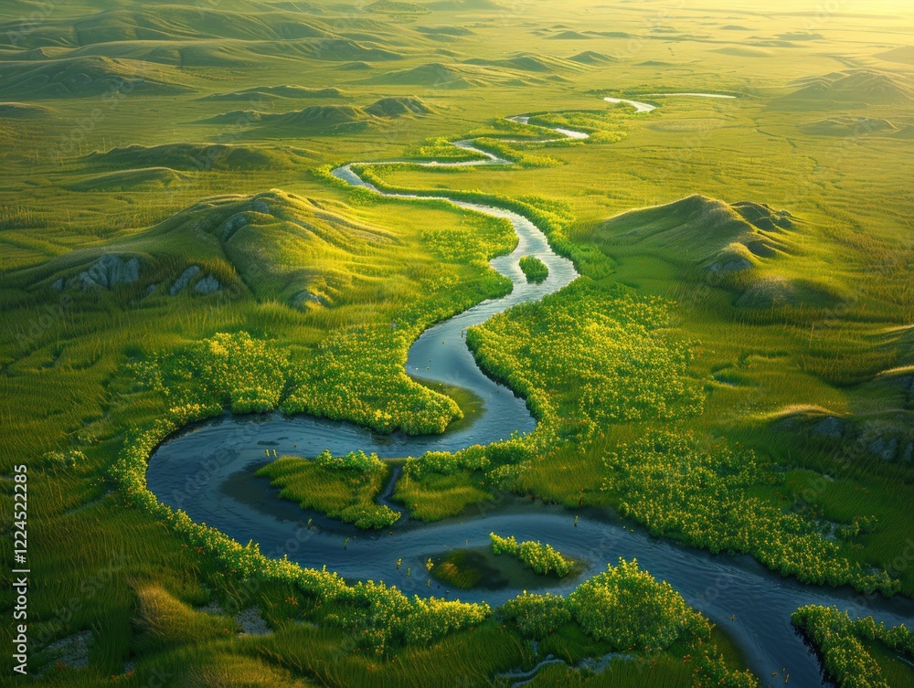 Serene Meandering River Flowing Through Lush Green Landscape Under Sunlight Serene Meandering River Flowing Through Lush Green Landscape Under Sunlight