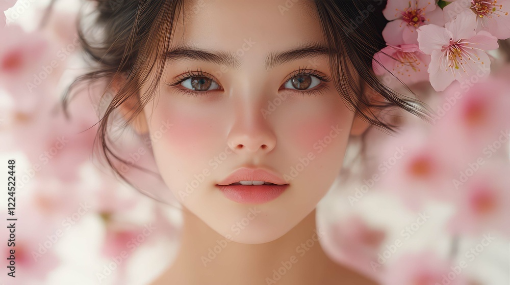 A serene portrait of a woman surrounded by blooming cherry blossoms. A serene portrait of a woman surrounded by blooming cherry blossoms.