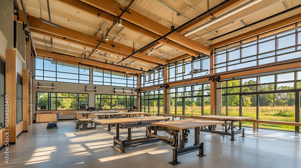 Bright workshop with large windows, nature view, workbenches, sunlight Bright workshop with large windows, nature view, workbenches, sunlight