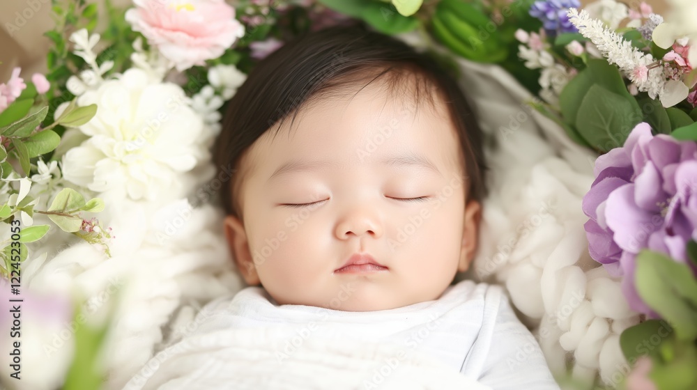 Serene Sleeping Infant Surrounded by Colorful Flowers and Lush Greenery Serene Sleeping Infant Surrounded by Colorful Flowers and Lush Greenery