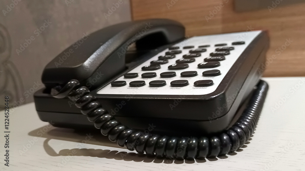 Black hotel telephone on table