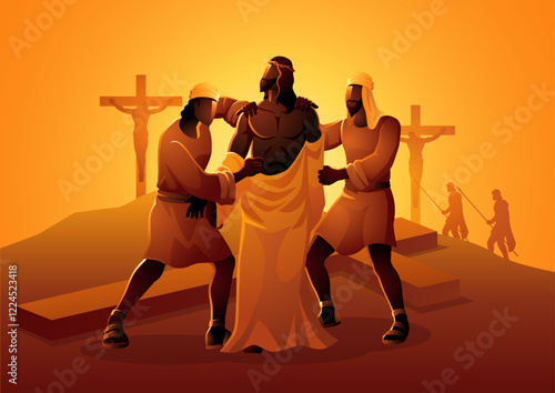 Biblical vector illustration series. Way of the Cross or Stations of the Cross, tenth station, Jesus is Stripped of His Garments.