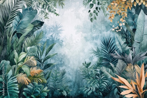 Lush jungle scene watercolor wallpaper for nature-inspired home decor and botanical enthusiasts