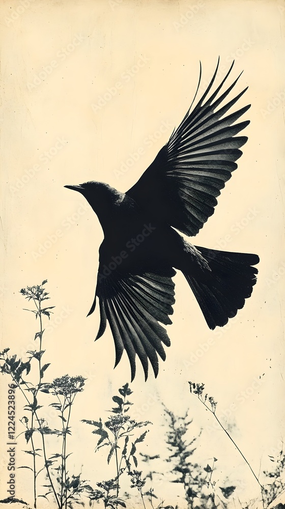 Fototapeta premium A silhouette of a single bird in flight against a pale cream background.