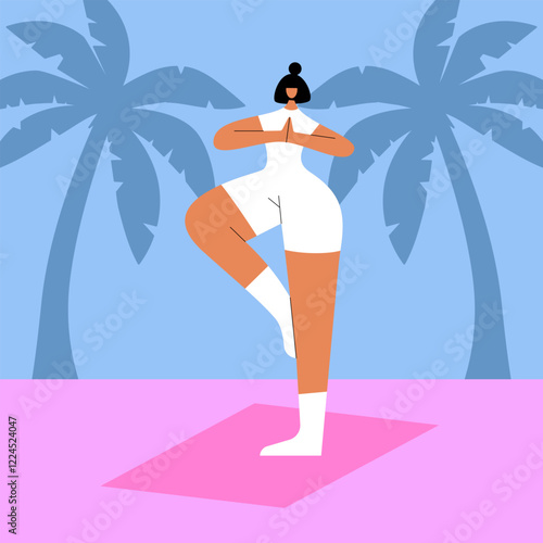 Young Women standing on the floor, meditating and performing breath control exercise. Yoga retreat, spiritual practice on the beach. Vipassana Buddhist meditation. Flat cartoon vector illustration.