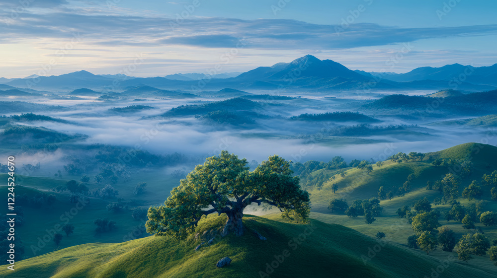 Fototapeta premium Serene Hilltop Oak: A Misty Mountain Panorama at Dawn