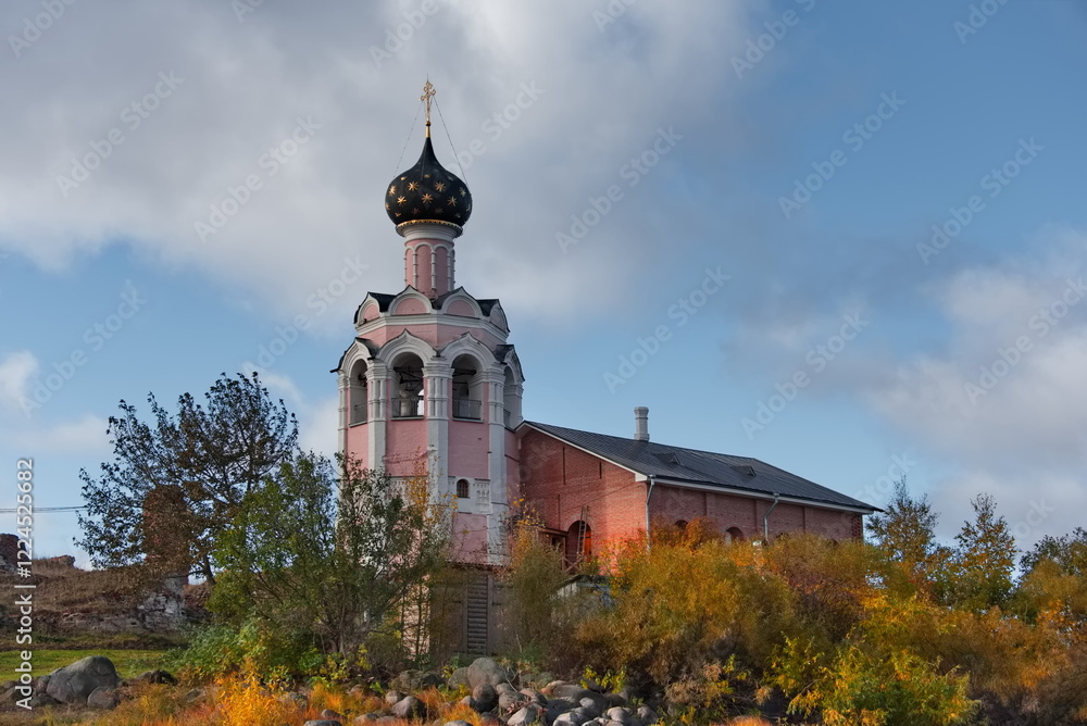 Russia, Ustie. October 06, 2018. Architecture of the Spaso-Kamenny Monastery on the Kamenny Island of Kubensky Lake near the cathedral destroyed in 1930.