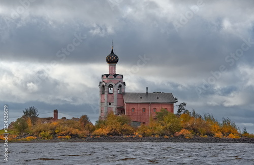 Russia, Ustie. October 06, 2018. Architecture of the Spaso-Kamenny Monastery on the Kamenny Island of Kubensky Lake near the cathedral destroyed in 1930. photo