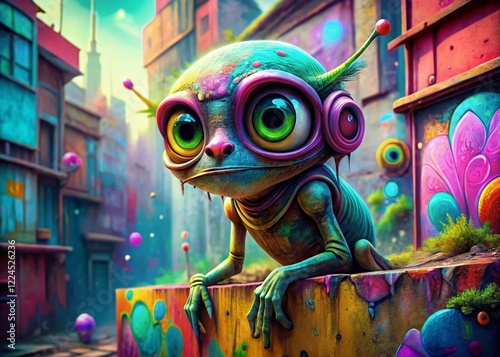 Colorful Cartoon Alien on Gradient Background - Urban Exploration Theme photo