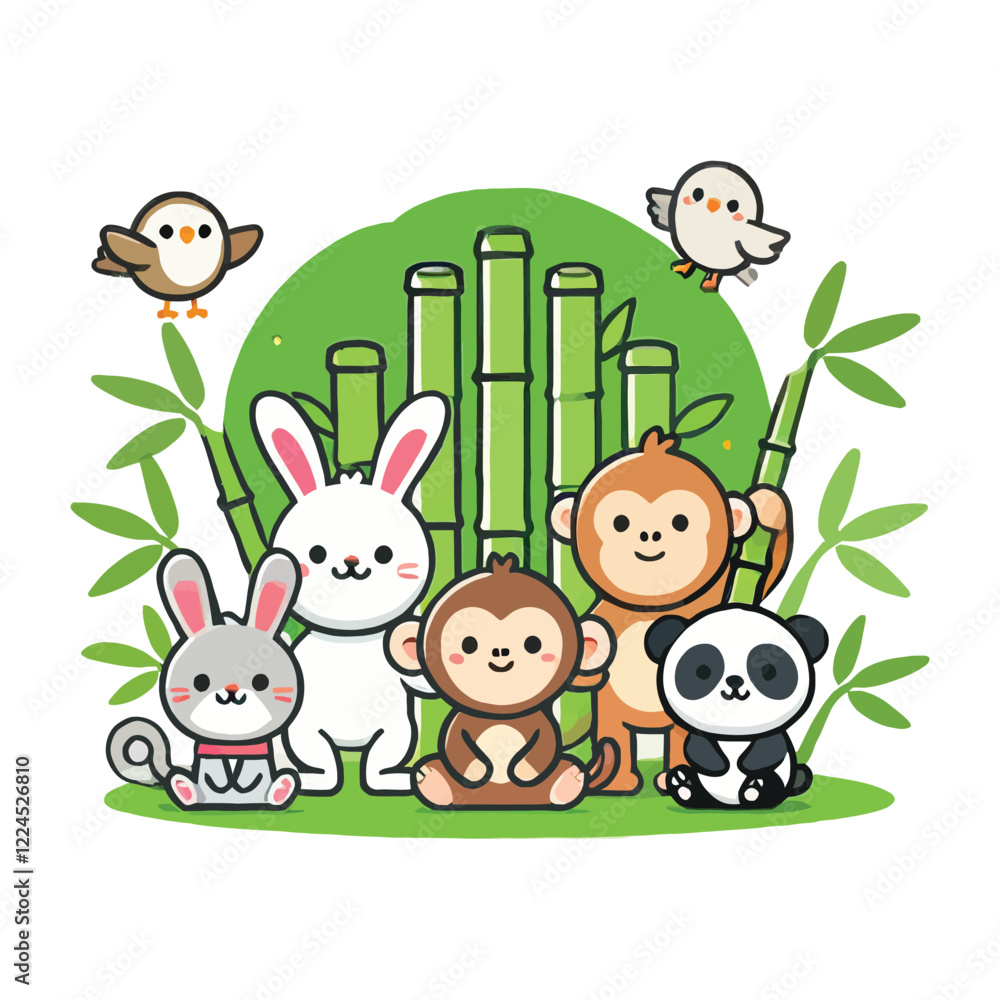 Obraz premium Adorable Cartoon Animals in Bamboo Forest Illustration