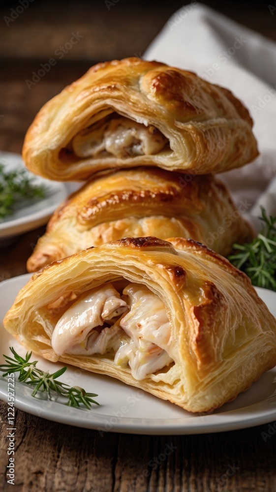 Close-Up Vertical Composition of Chicken and Cheese Stuffed Puff Pastries on Rustic Wooden Table Close-Up Vertical Composition of Chicken and Cheese Stuffed Puff Pastries on Rustic Wooden Table