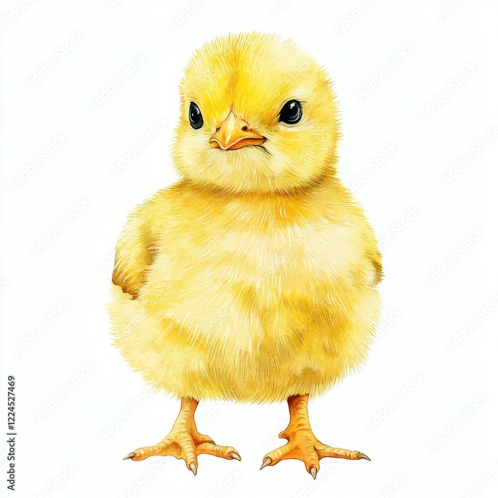 Obraz premium Yellow chicken with large eyes standing on a wooden surface in natural light setting