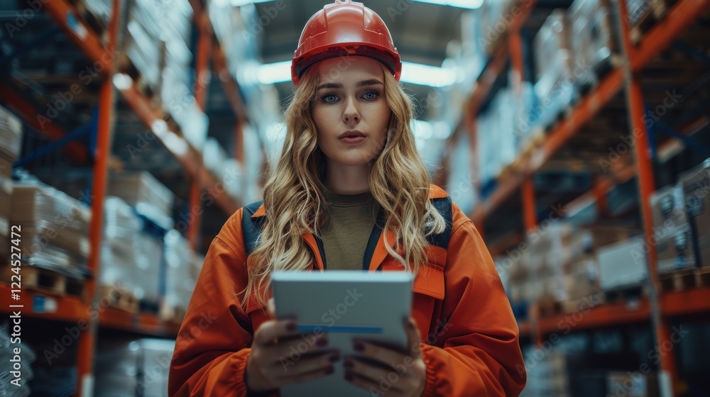 Fototapeta premium Woman worker checking stock with digital tablet warehouse stock management indoor focused inventory control