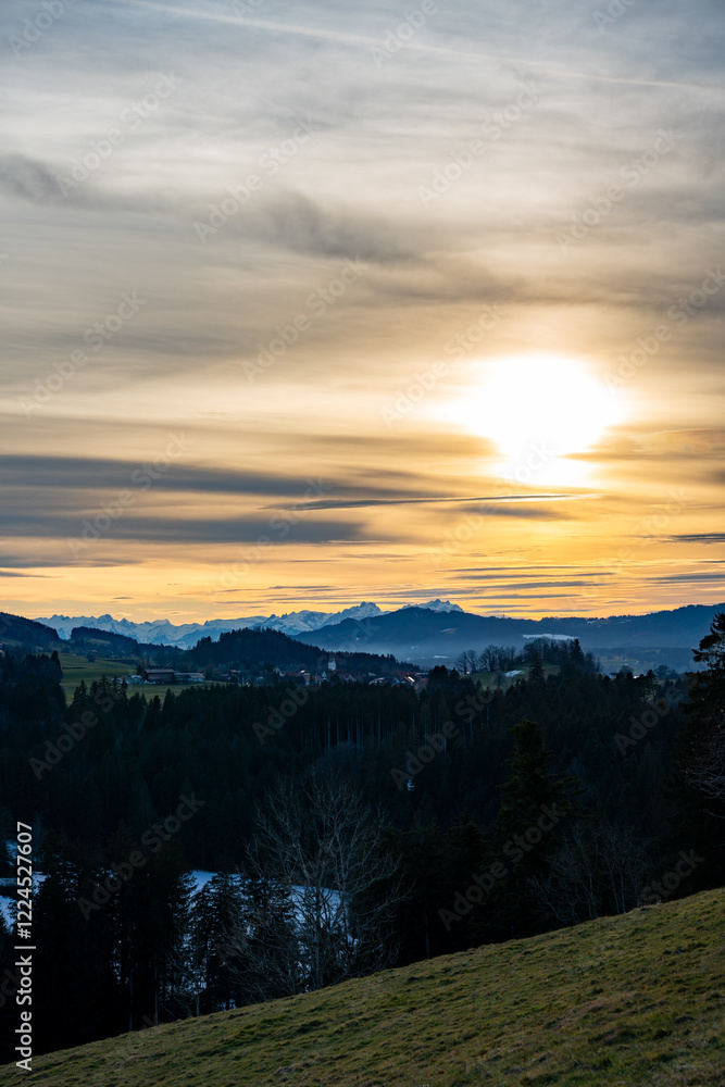 Fototapeta premium sunset, alps, afterglow, wallpaper, postcard, allgäu, sunlight, tree, panorama, alpine view, evening mood, mountains, mountain