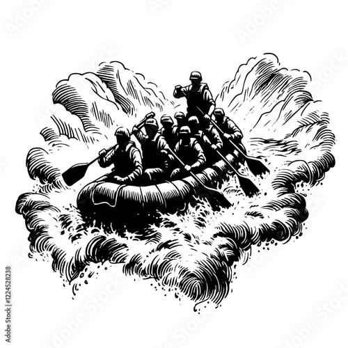 group rafting on wild river rapids energetic and dynamic thin-line ink colorless sketch