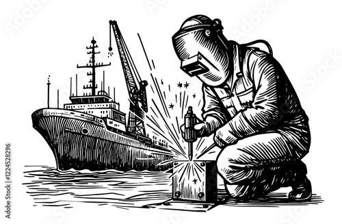 welder working near docked ship monochromatic industrial engraving-style black vector