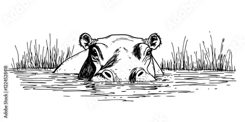 hippopotamus emerging from water hand-drawn doodle sketch style