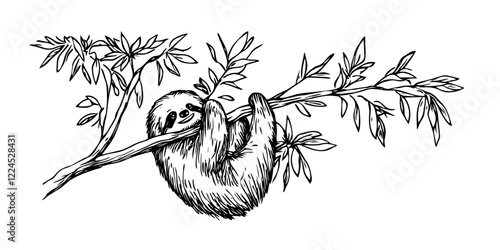 sloth hanging on tree branch hand drawing ink doodle sketch