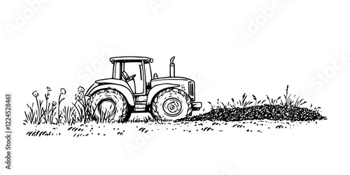 tractor plowing field in rural landscape hand drawing ink doodle sketch with hatching and cross-hathing