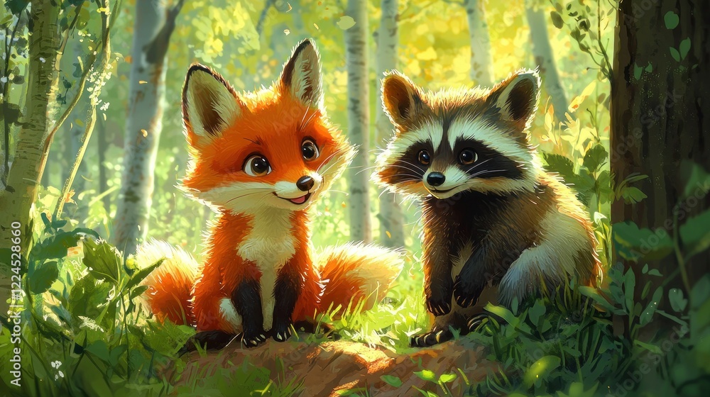 Obraz premium Adorable Fox and Raccoon Friends in a Sunlit Forest