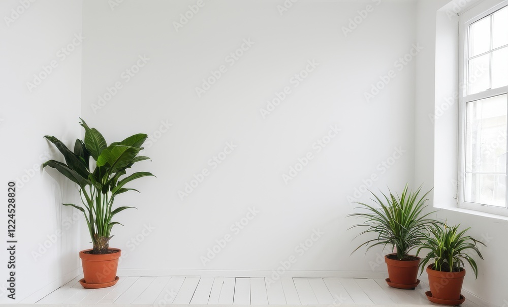 Fototapeta premium Three potted plants in a white room, with a bright window on the right side...Concept: Minimalist living, plant display.