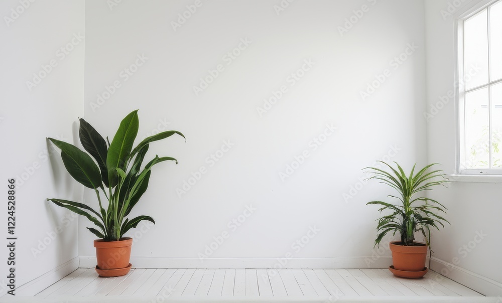 Fototapeta premium Two potted plants in a white room with natural light from a window to the right...Concept: Simple home decor, minimalist design