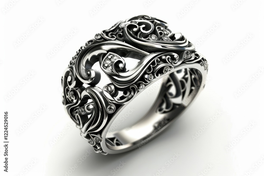 Fototapeta premium Intricate silver ring adorned with delicate swirling patterns and sparkling gemstones capturing elegance and artistry crafted for special occasions isolated on transparent background