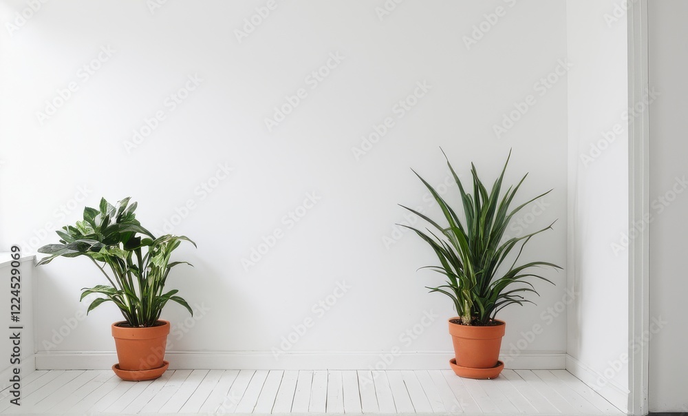 Fototapeta premium Two potted plants in a white room, with a bright, natural lighting...Concept: Minimalist interior, plant focus.