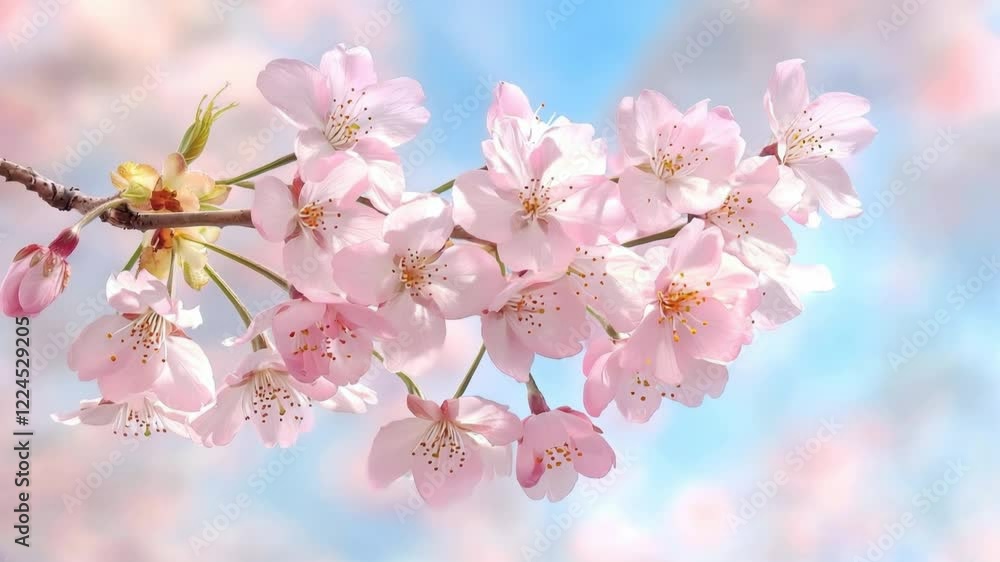 Delicate pink cherry blossoms swaying in spring breeze with soft bokeh, perfect for hanami festivals, wellness spa promotions and asian beauty products, horizontal video Delicate pink cherry blossoms swaying in spring breeze with soft bokeh, perfect for hanami festivals, wellness spa promotions and asian beauty products, horizontal video