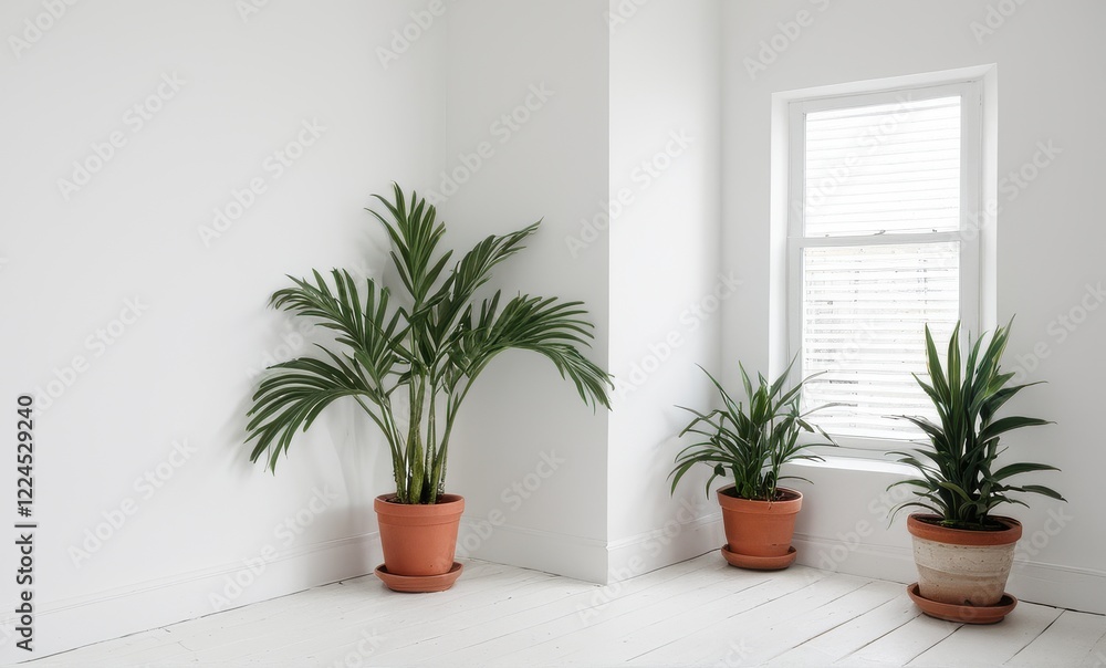 Fototapeta premium Three potted plants, two on the corners, in a bright white minimalist room...Concept: Interior plants, minimalist style.