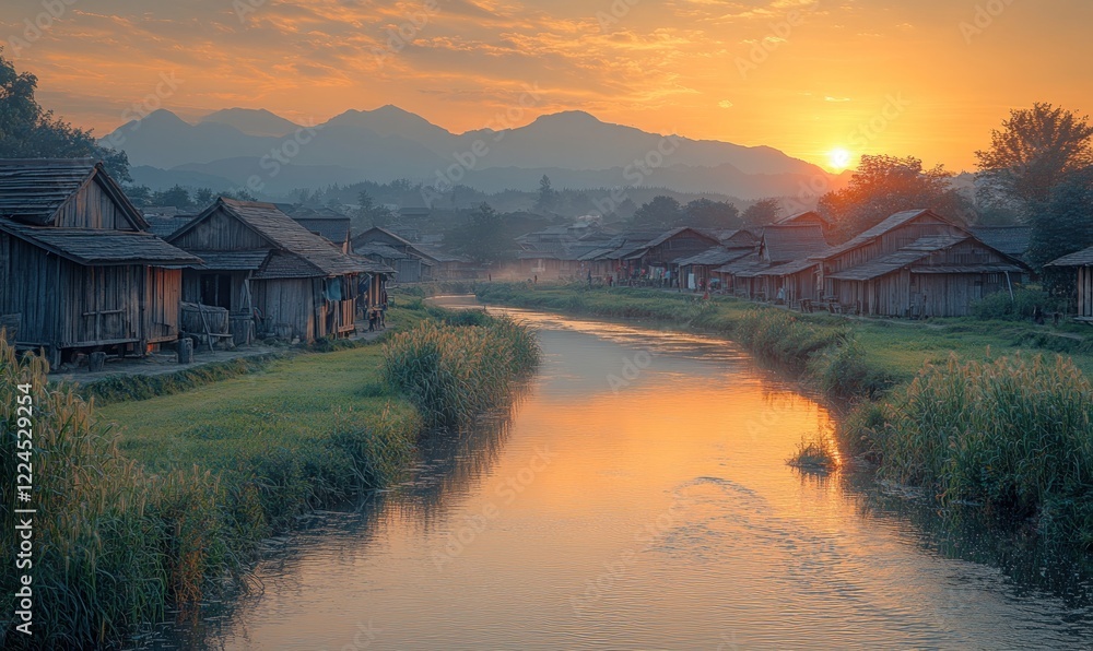 Obraz premium Sunrise village, river, mountains, wooden houses.