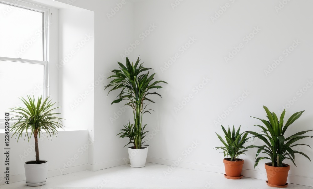 Fototapeta premium Four potted plants, two windows, minimalist white room, with a wooden floor...Concept: Interior, design, plant setting, natural.