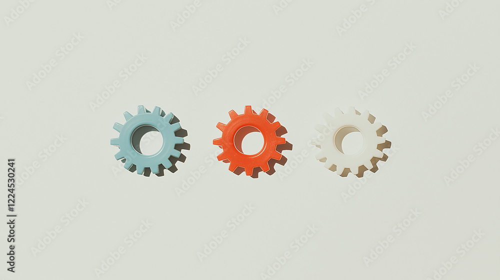 Interlocking Gears: Three cogwheels, teal, orange, and off-white, arranged in a row against a light background, symbolizing teamwork, synergy, and the interconnectedness of processes. Interlocking Gears: Three cogwheels, teal, orange, and off-white, arranged in a row against a light background, symbolizing teamwork, synergy, and the interconnectedness of processes.