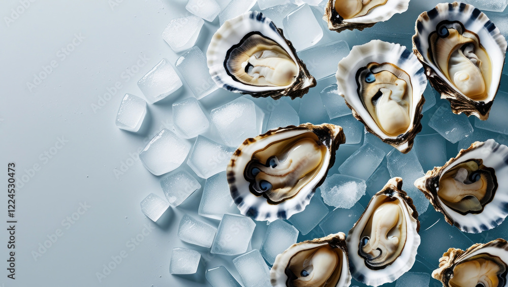 Sea delicacy fresh raw open oysters are laid out on a ice surface background. AI generated Sea delicacy fresh raw open oysters are laid out on a ice surface background. AI generated