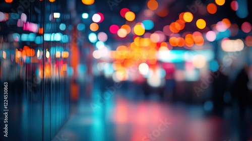 Fototapeta Naklejka Na Ścianę i Meble -  Night city bokeh, blurred pedestrians, vibrant lights, urban scene, website banner