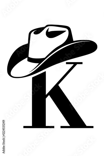 Letter K with Cowboy Hat Western Theme, Black and white illustration of the letter "K" wearing a cowboy hat, symbolizing Western style, country themes, rodeo culture, and rustic typography.  
  
