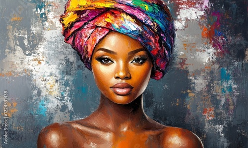 African woman with colorful headwrap, portrait painting on textured background