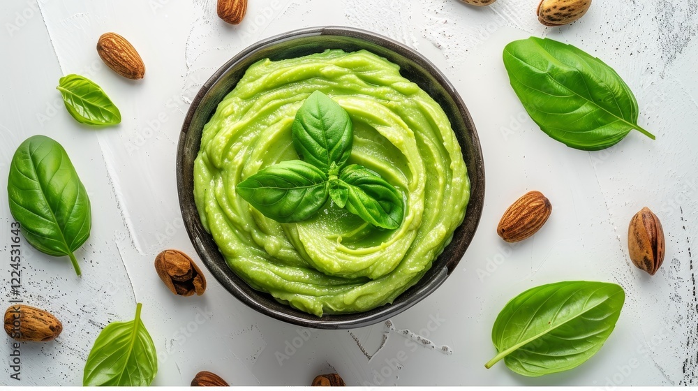 Obraz premium Homemade Avocado Spread With Basil, Garnished With Almonds On White Stone Background, Top View