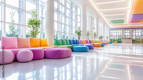 Colorful seating in a bright modern building lobby