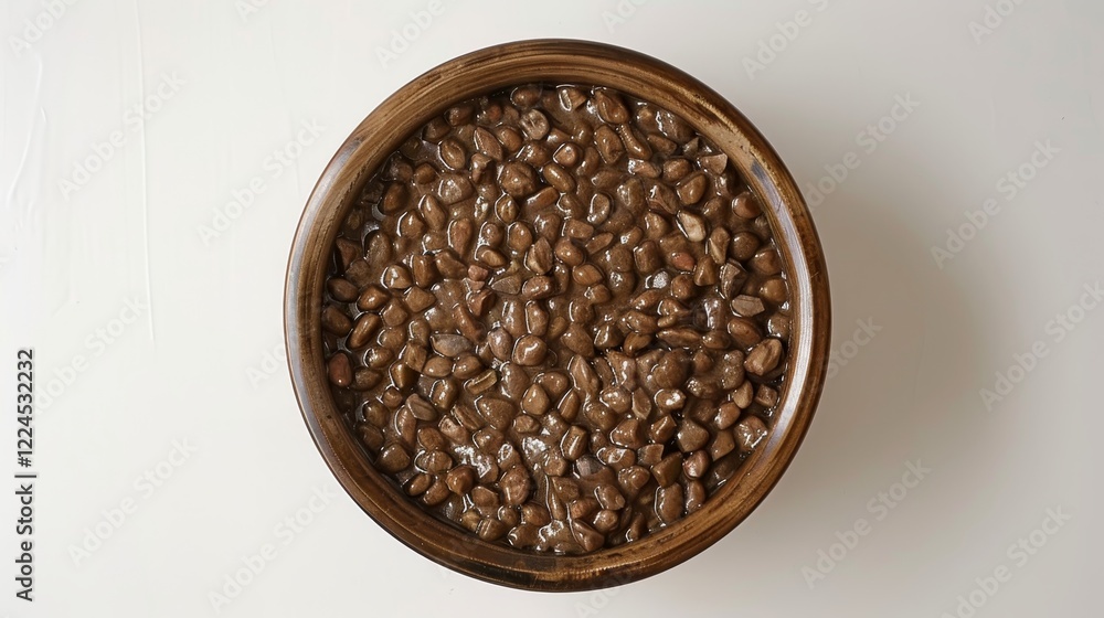 Wet pet food in a wooden bowl on a white background. Top view, perfect for pet food brands. Wet pet food in a wooden bowl on a white background. Top view, perfect for pet food brands.