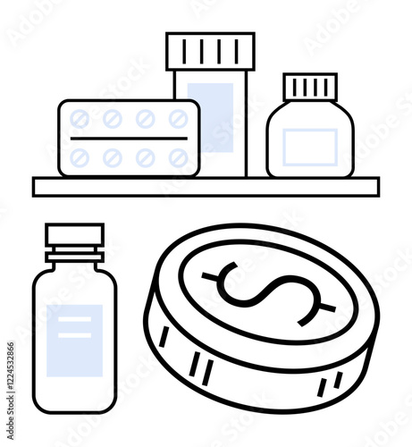 Medication bottles, pill pack, and large coin with dollar sign. Ideal for healthcare, pharmacy, medical costs, financial services, insurance pharmaceuticals budgeting. Line metaphor