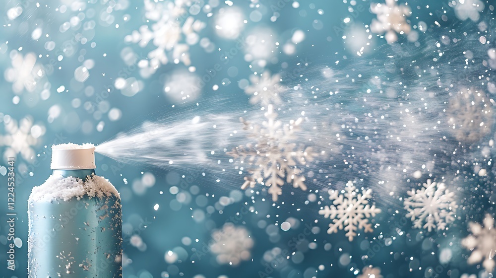 A whimsical snow spray can with snowflakes and sparkles. A whimsical snow spray can with snowflakes and sparkles.