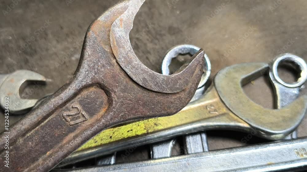 old wrenches. Socket sleeve heads, tools for loosening and tightening nuts. Old wrenches covered with rust. Dolly shot on white isolated. Wrenches laid out on a wooden surface old wrenches. Socket sleeve heads, tools for loosening and tightening nuts. Old wrenches covered with rust. Dolly shot on white isolated. Wrenches laid out on a wooden surface